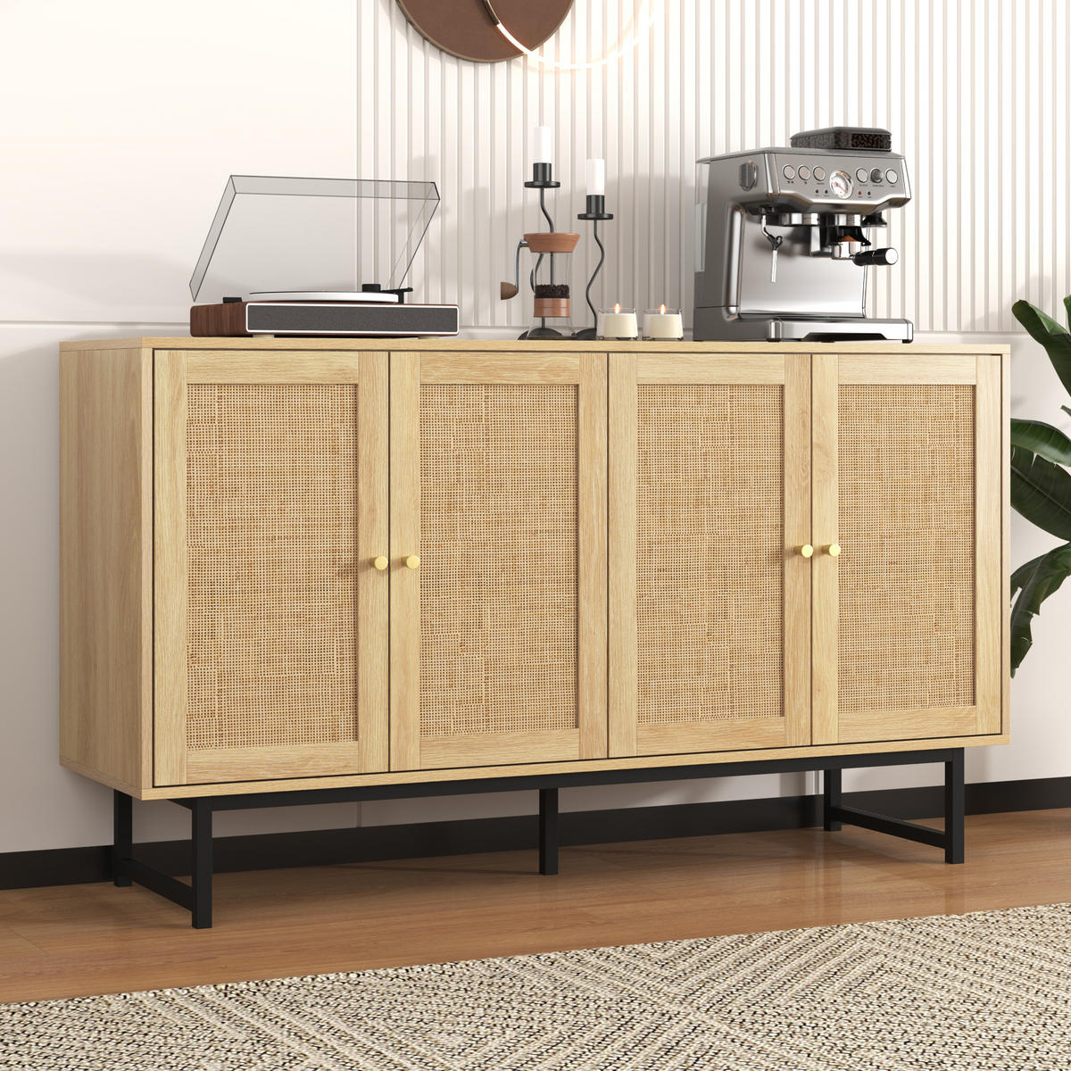 SIDEBOARD mit 4 Türen 140 x 39,5 x 80 cm Holzoptik mit Rattangeflecht - Braun, Holzwerkstoff (140/80/39.5cm) - Meubliv