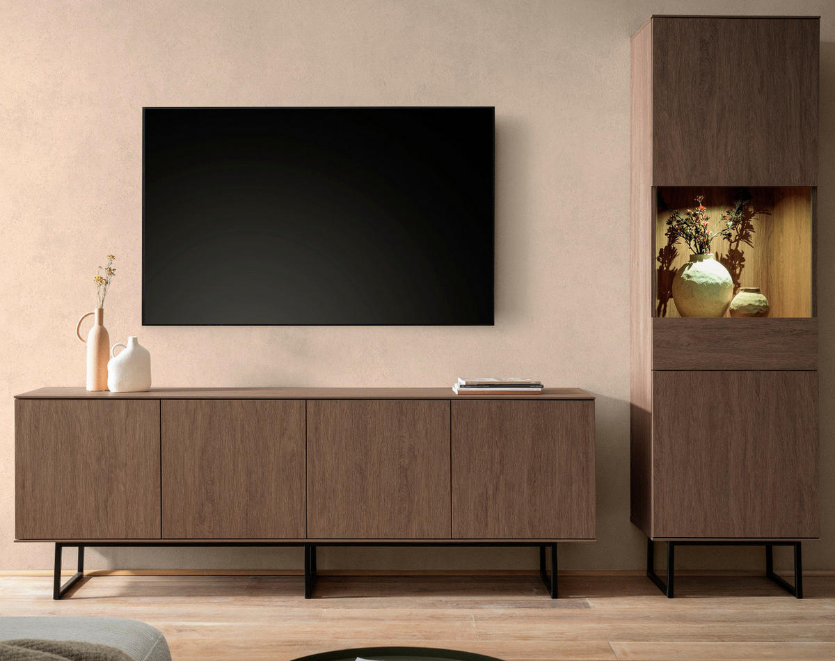 WOHNWAND in Nussbaum 2-teilig 273 cm, Wohnkombination mit Push-to-Open - Nussbaumfarben/Schwarz, Glas/Holzwerkstoff (273/200/40cm) - Furn.Design