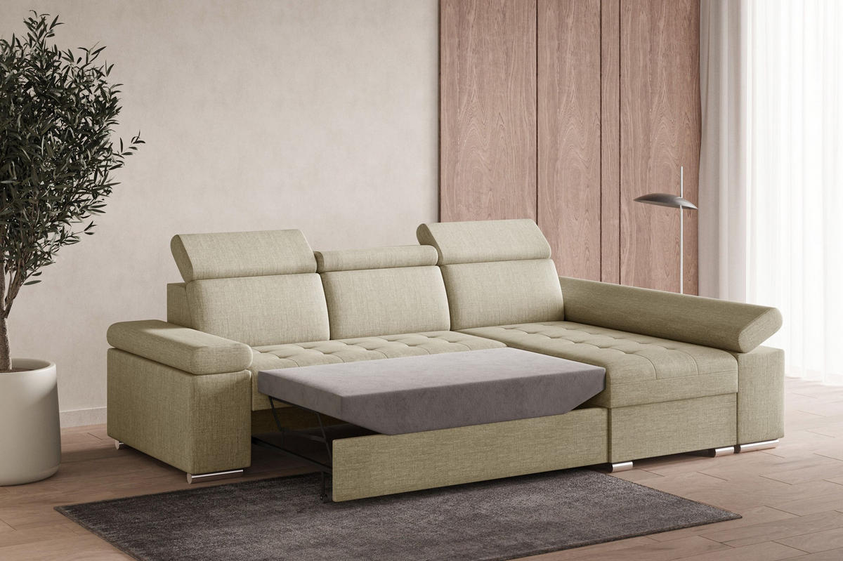 ECKSOFA mit Schlaffunktion Luka L Twist 01 - Beige - Links - Beige/Silberfarben, Holzwerkstoff (260/168cm) - Möblo