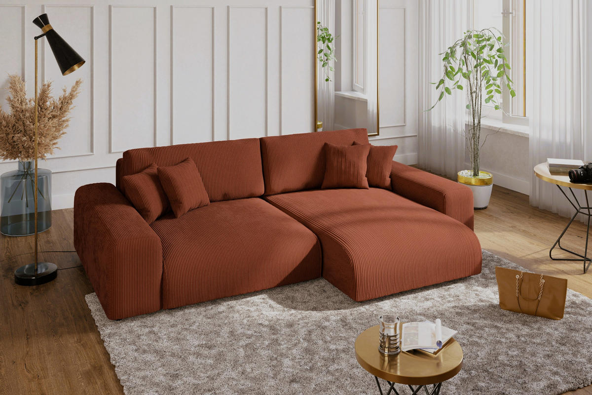 ECKSOFA mit Schlaffunktion, Bettkasten, Wellenunterfederung, seitenverkehrt montierbar B255/T165/H84 cm, Liegefl. 148x196 cm, Cord Terracotta / 21004 - Terracotta/Schwarz, Kunststoff/Textil (255/165cm) - luma-home