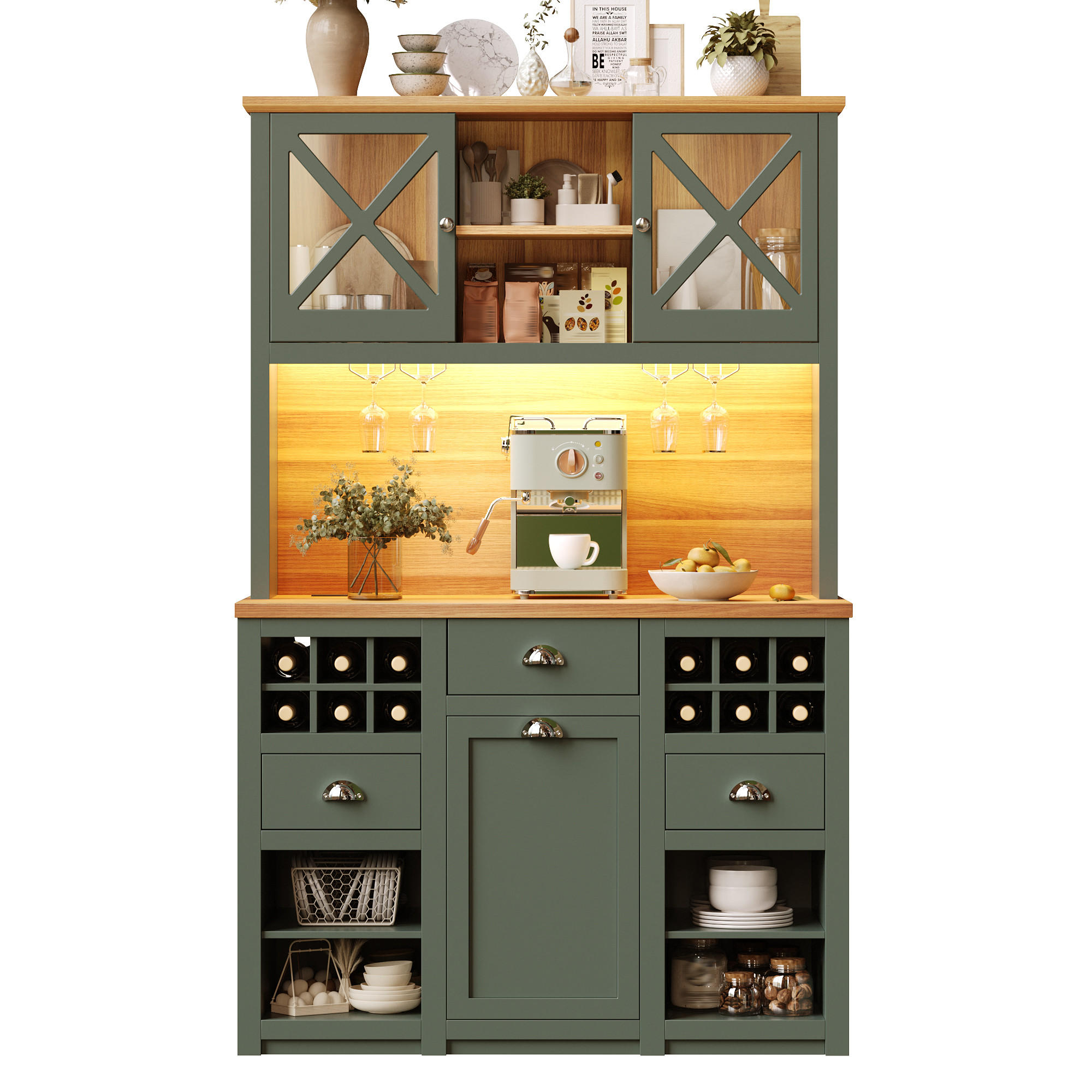 KÜCHENSCHRANK 120x45x188Cm LED Glastüren Weinregal - Grün, Glas (120/188/45cm) - FLIEKS