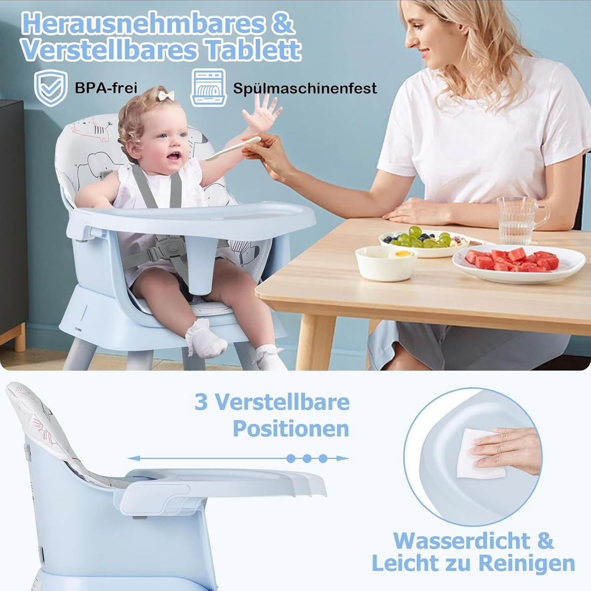 KINDERHOCHSTUHL mit Sicherheitsgurt & abnehmbarem Trichter blau - Blau, Kunststoff (58/98/58cm) - COSTWAY