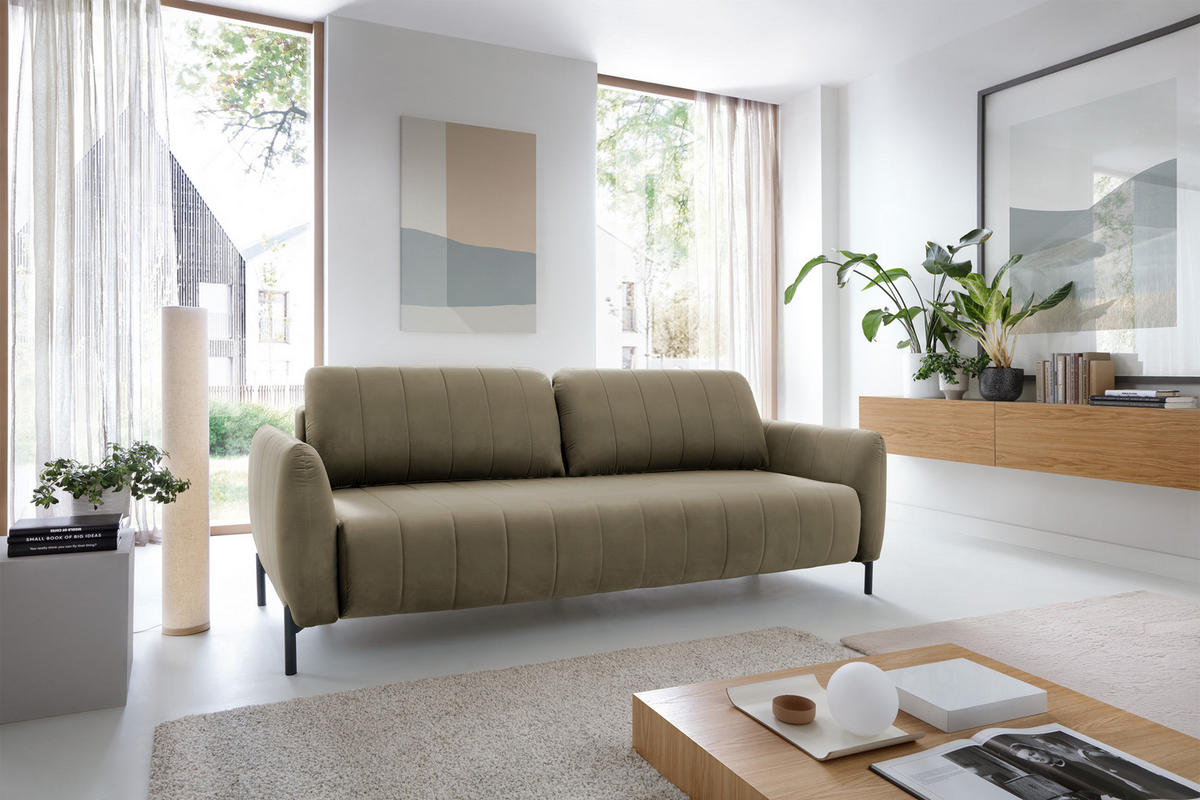 SCHLAFSOFA Neva Beige Velours 234 cm - Beige/Schwarz, Textil/Metall (234/90/100cm) - Selsey