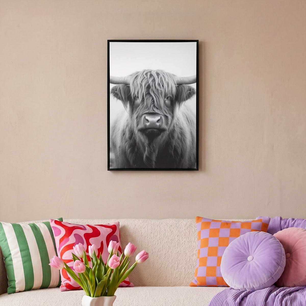 LEINWAND Bilder mit Rahmen - Schottischer Highlander - Nebel - Schwarz - Weiß - 40x60 - Grau, Textil (40/60cm) - MuchoWow
