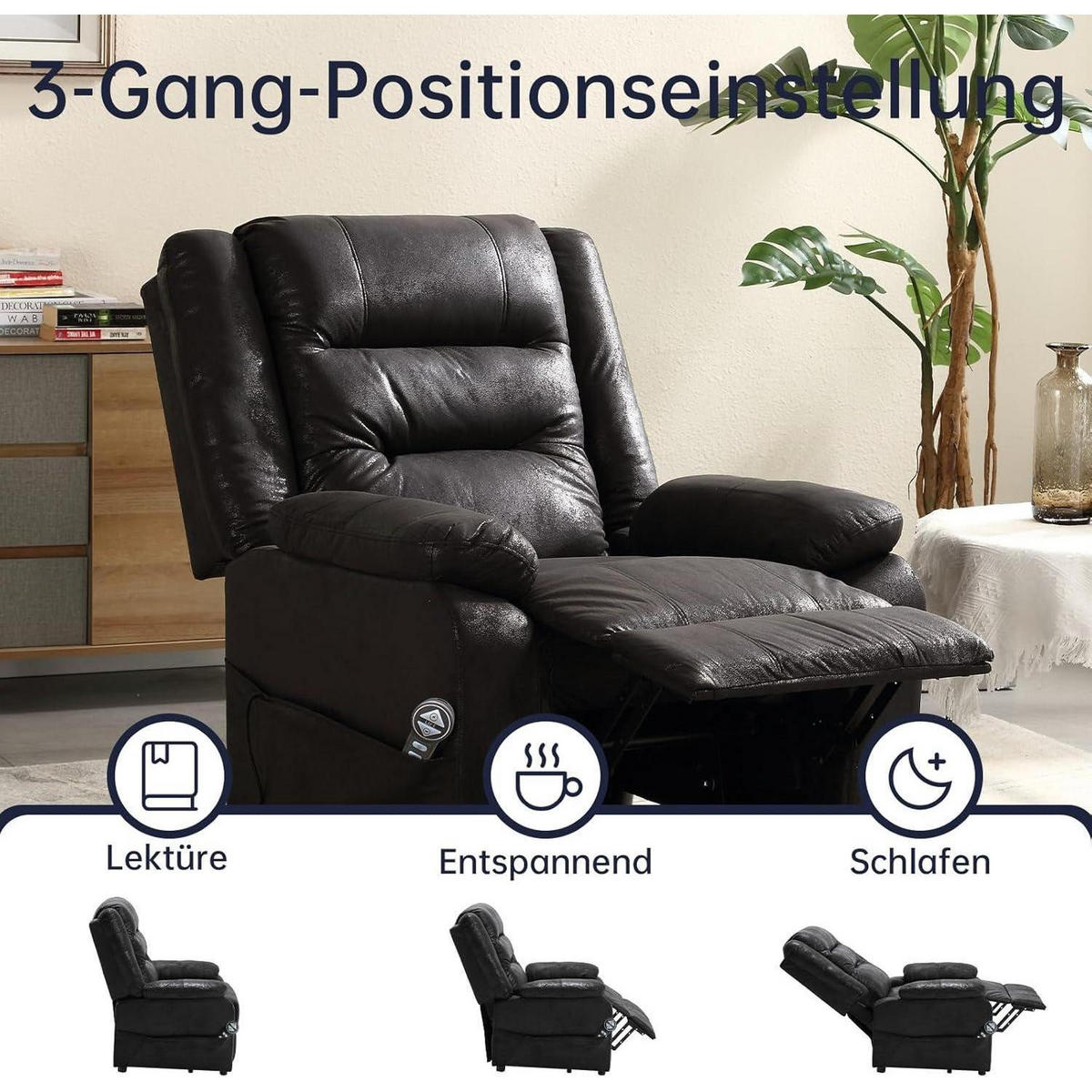 FERNSEHSESSEL mit Aufstehhilfe und Massagefunktion Schwarz - Schwarz, Kunststoff (84/137/164cm)