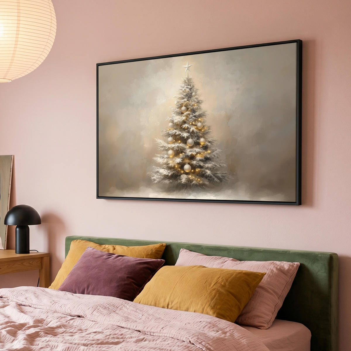 LEINWAND Bilder mit Rahmen - Weihnachten - Weihnachtsbaum - Schnee - Kunst - 140x90 - Champagner, Textil (140/90cm) - MuchoWow