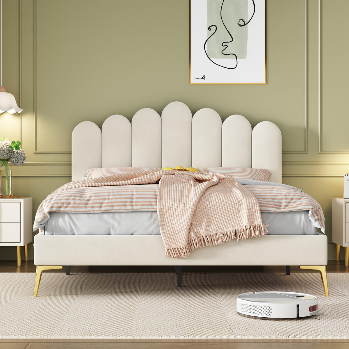 POLSTERBETT 140/200 cm beige aus MDF mit höhenverstellbarem Kopfteil - Beige, Holzwerkstoff (140/200cm) - OKWISH