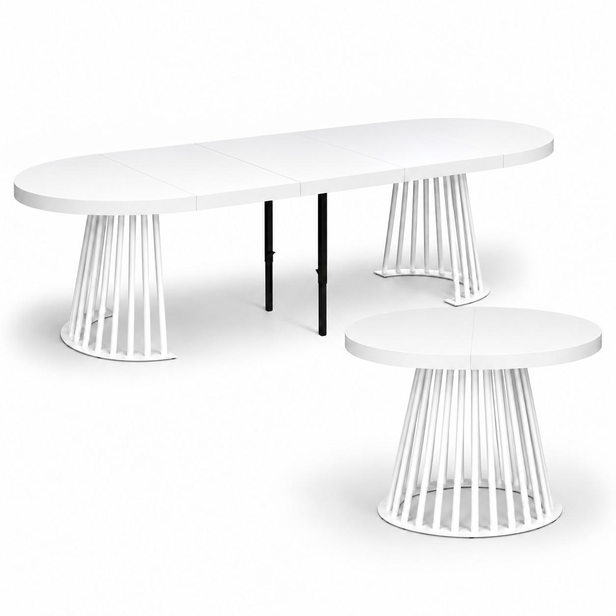 ESSTISCH rund ausziehbar 110/310/76 cm, Weiß, 54 cm Tischplatte + Lamellen-Metallgestell Schwarz - Schwarz/Weiß, Holzwerkstoff/Metall (110/310/76cm) - Damale Möbel