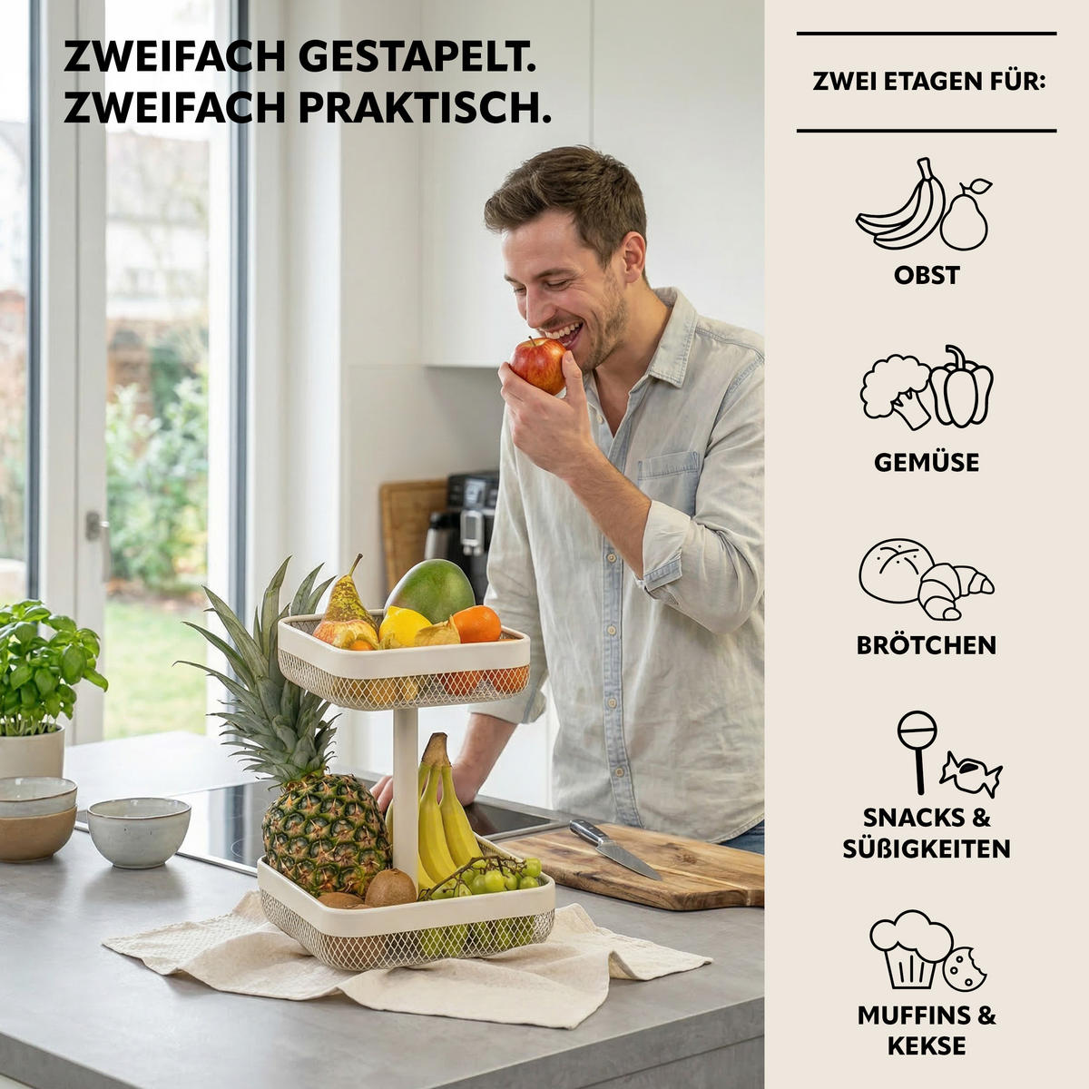 OBSTETAGERE, eckig, 2-stöckig, Ø 20 cm und 25 cm, beige, Metall - Beige, Metall (30cm) - eluno