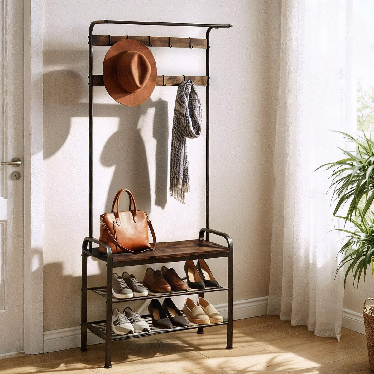 GARDEROBENSTÄNDER Wichita, inklusive Kippschutz, 73,5 x 36 x 184 cm, Industrial Holz dunkel, rustikal - Rostfarben, Textil (36/184/73.5cm) - tectake