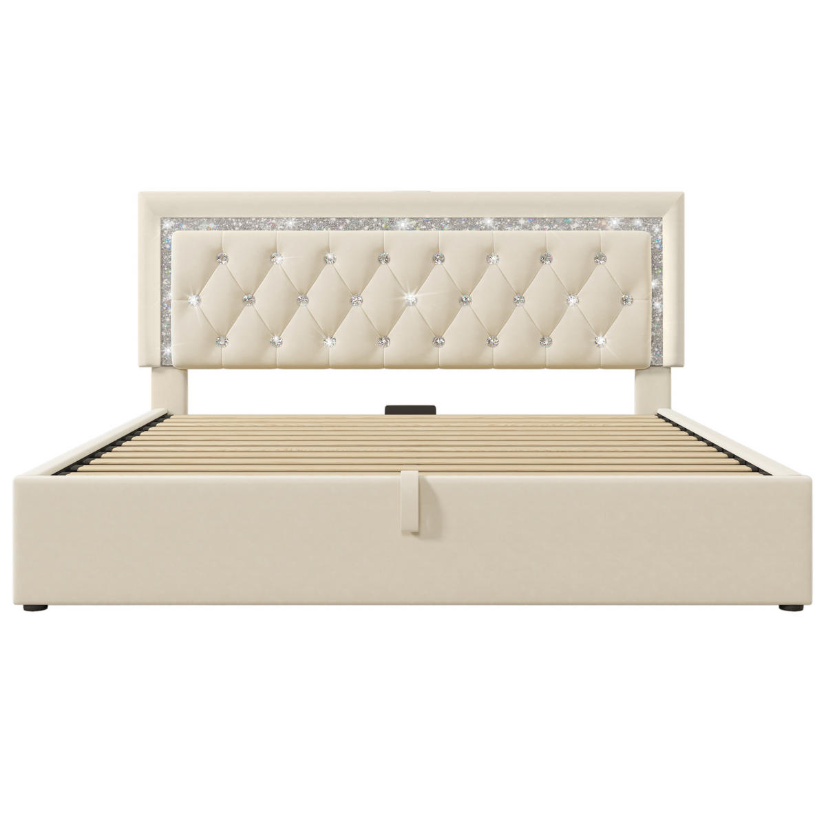 POLSTERBETT 160/200 cm Beige mit LED-Beleuchtung und Stauraum aus Samt - Beige, Textil (160/200cm) - OKWISH