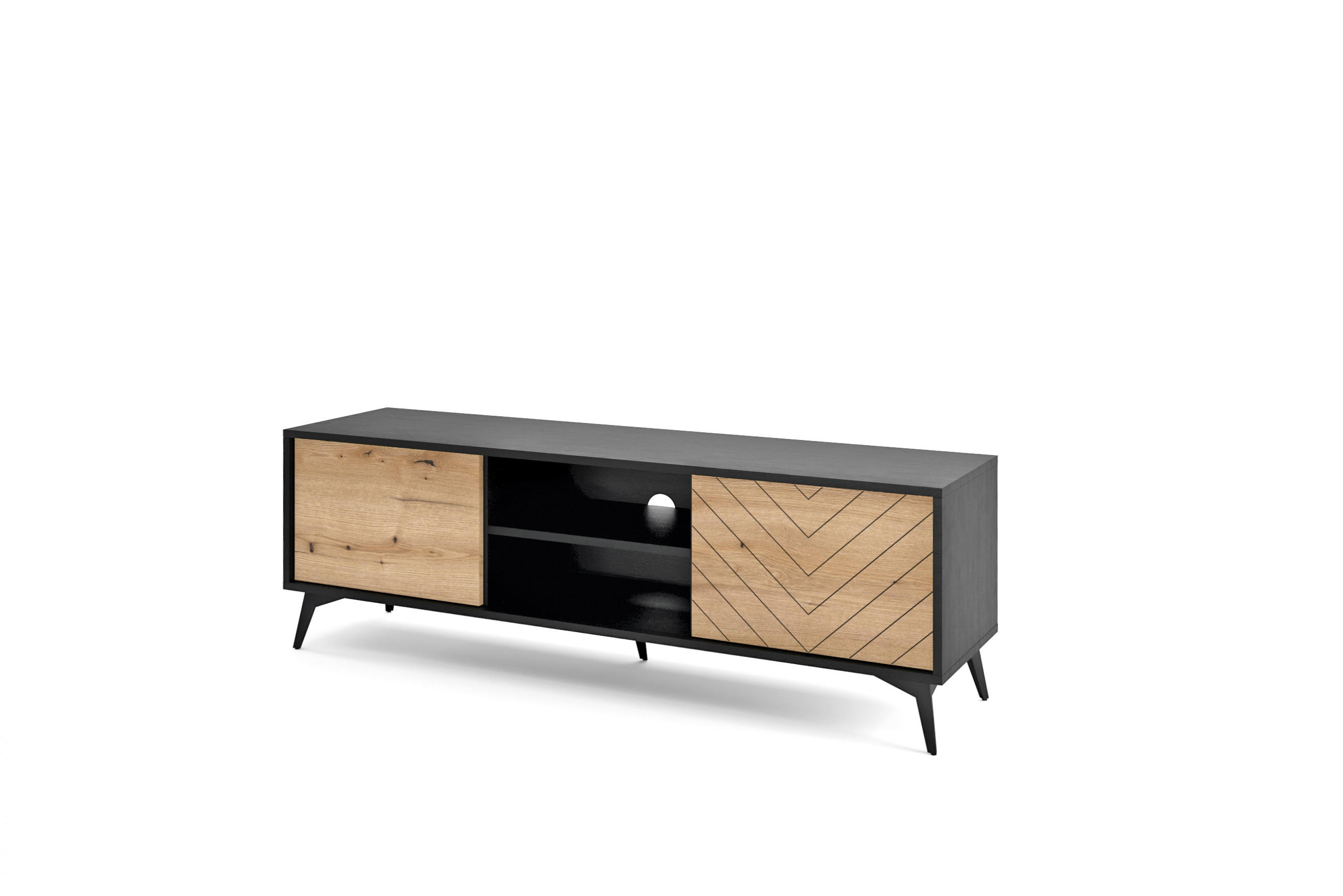 TV-ELEMENT Diamond Eiche Evoke, Schwarze Beine, Zweitürig - Schwarz, Holzwerkstoff (154/50/39cm) - Bettso