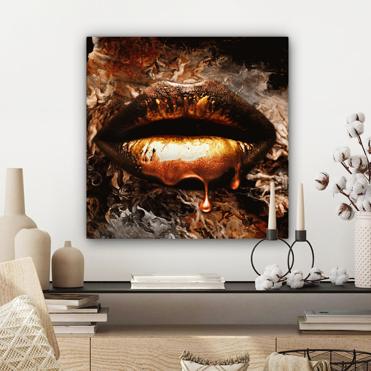 LEINWANDBILD Gold - Lippen - Kunst - Gold - Luxus - Abstrakt Wandbild Wohnzimmer 50x50 cm - Kupferfarben, Textil (50/50cm) - MuchoWow