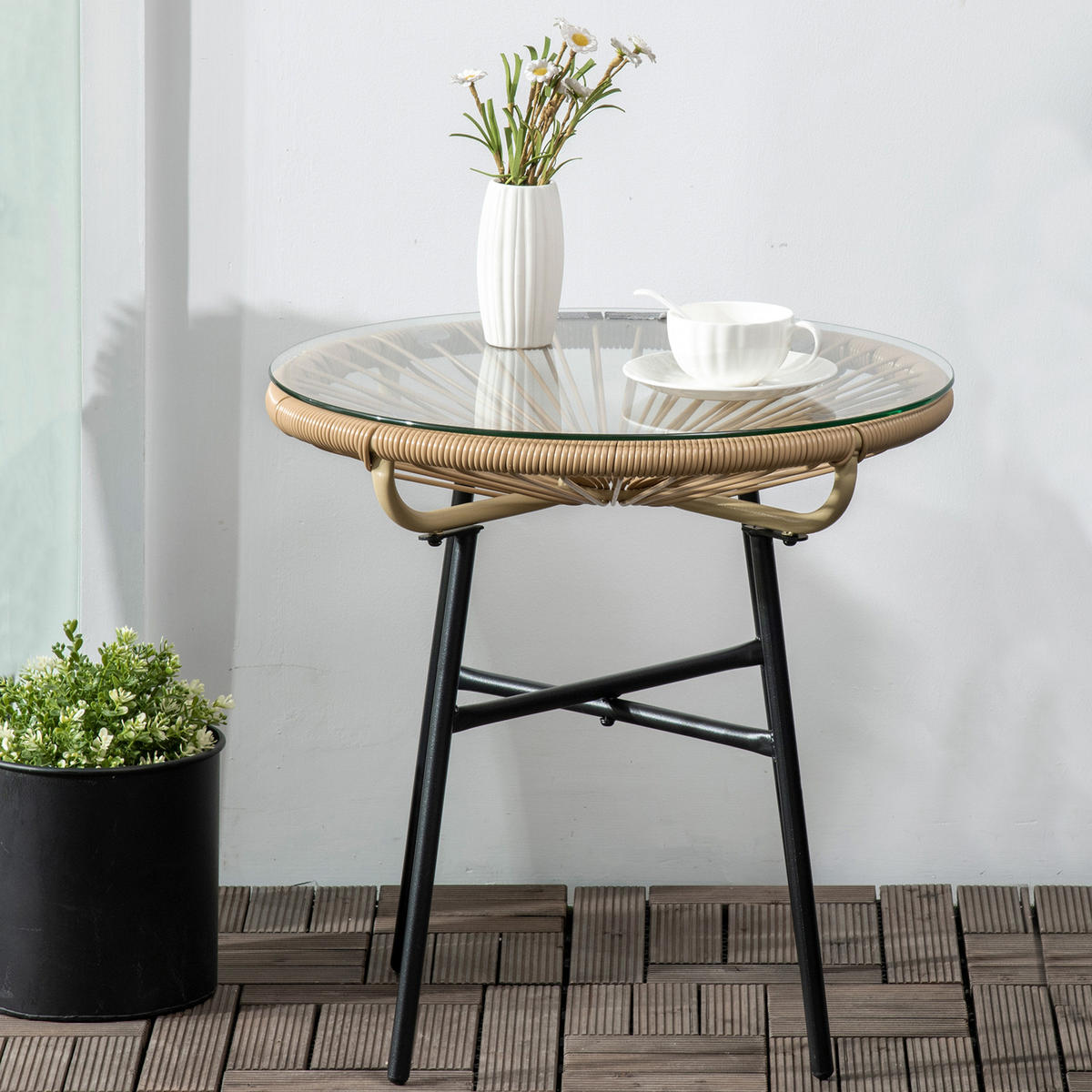 BALKONTISCH, Beige, Eisen, PE-Rattan, Glas - Beige, Kunststoff (50/50/50cm) - Outsunny