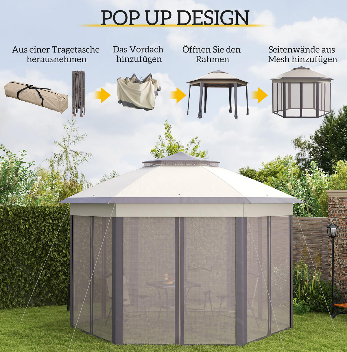 GARTENPAVILLON 405/340/285 cm mit Mesh-Seitenwänden, Doppeldach und Metallgestell, Kaffee - Braun, Metall (340/285/405cm) - Redom