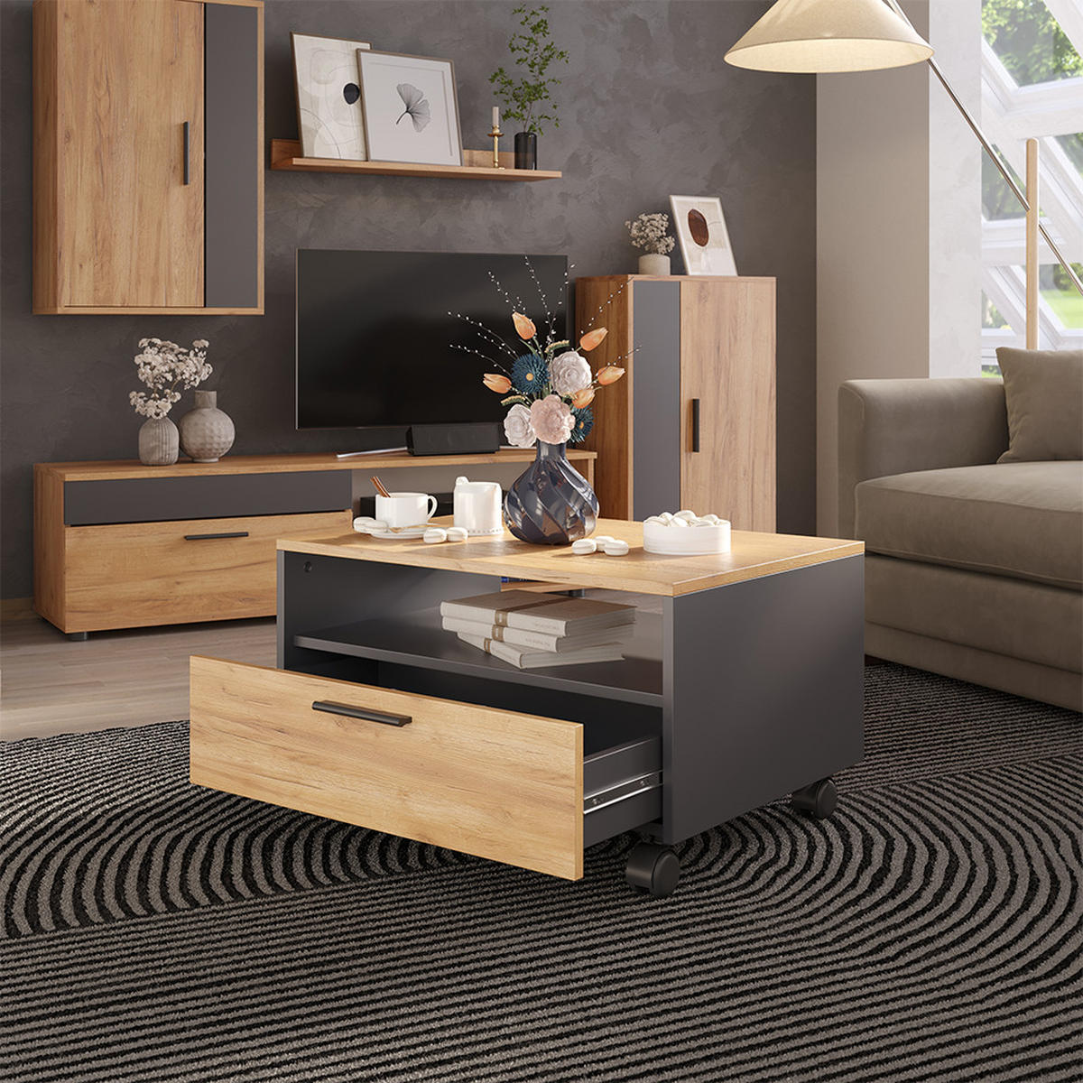 COUCHTISCH Bibo Anthrazit/Goldkraft Eiche 70 x 52.4 cm - Anthrazit/Eiche Wotan, Holzwerkstoff (52.4/70/40cm) - Vicco