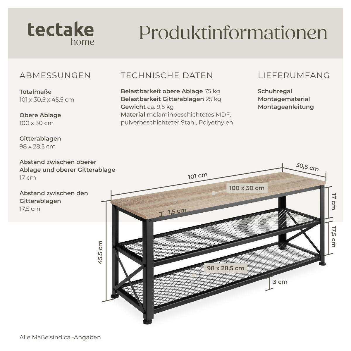 SCHUHREGAL Blackpool,101 x 30,5 x 45,5 cm,Industrial Holz hell, Eiche Sonoma - Naturfarben, Holz (30.5/45.5/101cm) - tectake