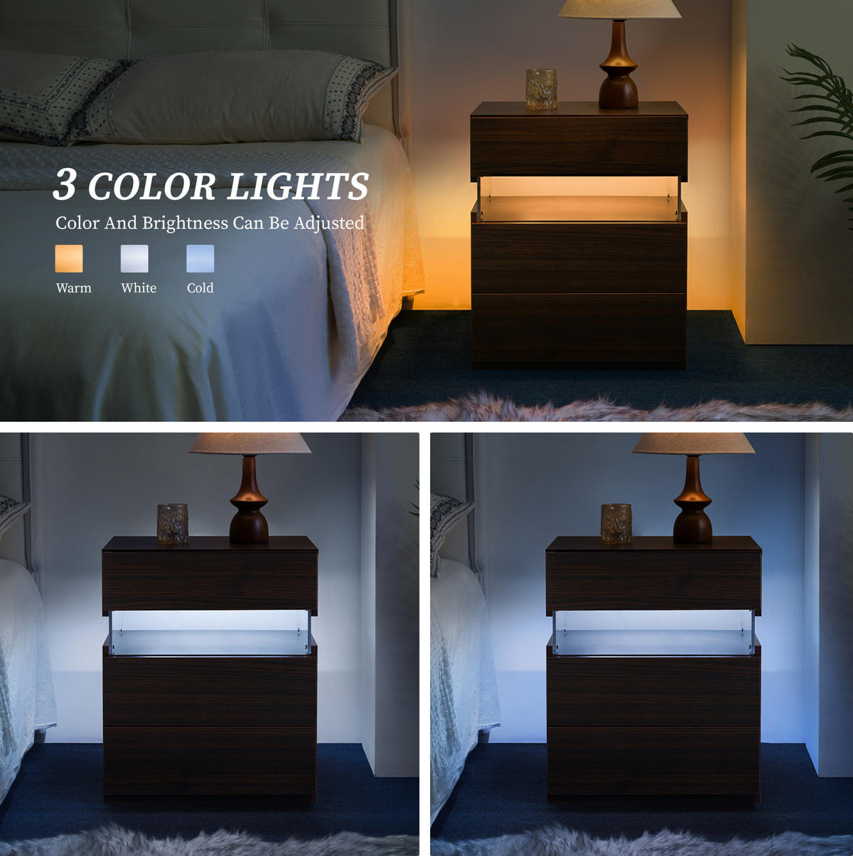 NACHTTISCH 48/38/61 cm Walnuss aus Holzwerkstoff mit LED-Beleuchtung - Walnussfarben, Holzwerkstoff (48/61/38cm) - OKMYHOME