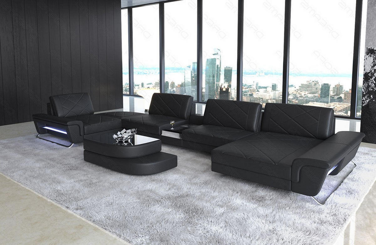 WOHNLANDSCHAFT Bari U - Schwarz, Leder (456/89/243cm) - Sofa Dreams