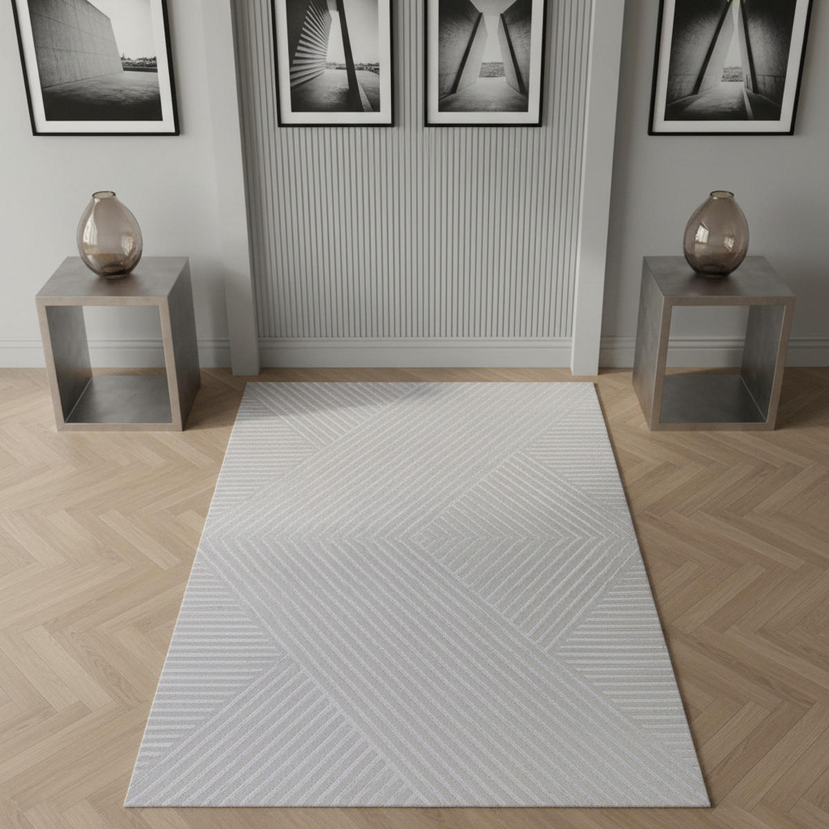 TEPPICH Kurzflor Skulptural Modern Waschbar Schlafzimmer Strapazierfähig Silber 140x200 cm – ILLER - Silberfarben, Textil (140/200cm) - KADIMA DESIGN