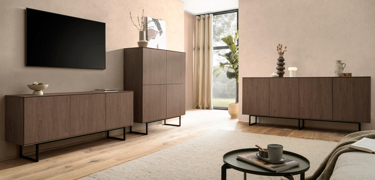 WOHNWAND in Nussbaum 2-teilig 280 cm, Wohnkombination mit Push-to-Open - Nussbaumfarben/Schwarz, Holzwerkstoff/Metall (280/137/40cm) - Furn.Design