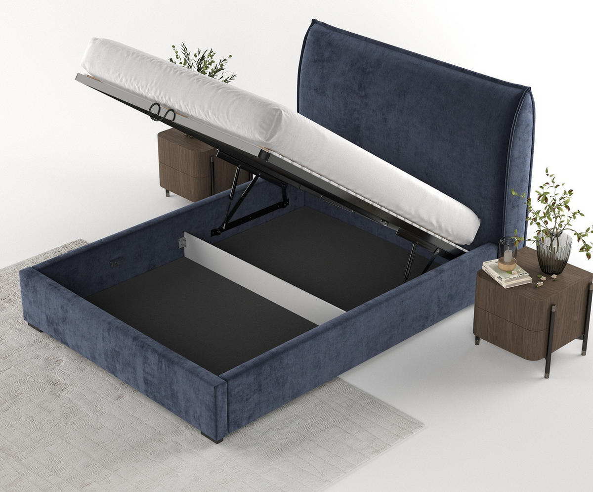 POLSTERBETT Como Marineblau 160/200 cm im Chenille-Stoff - Schwarz/Naturfarben, Holz/Holzwerkstoff (160/200cm) - Maison de Reve