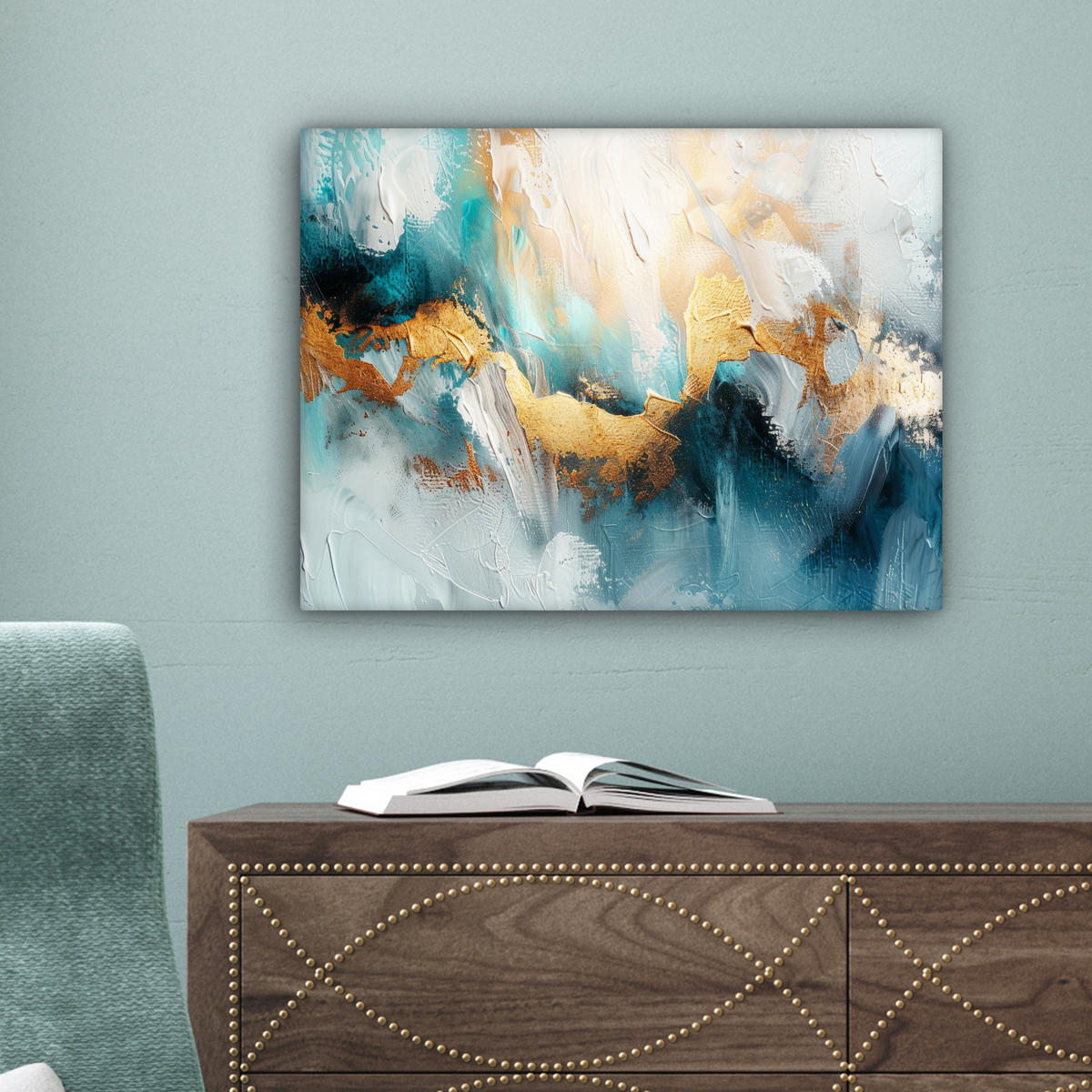 LEINWANDBILD Abstrakt - Kunst - Gold - Blau Wandbild 40x30 cm - Petrol, Textil (40/30cm) - MuchoWow