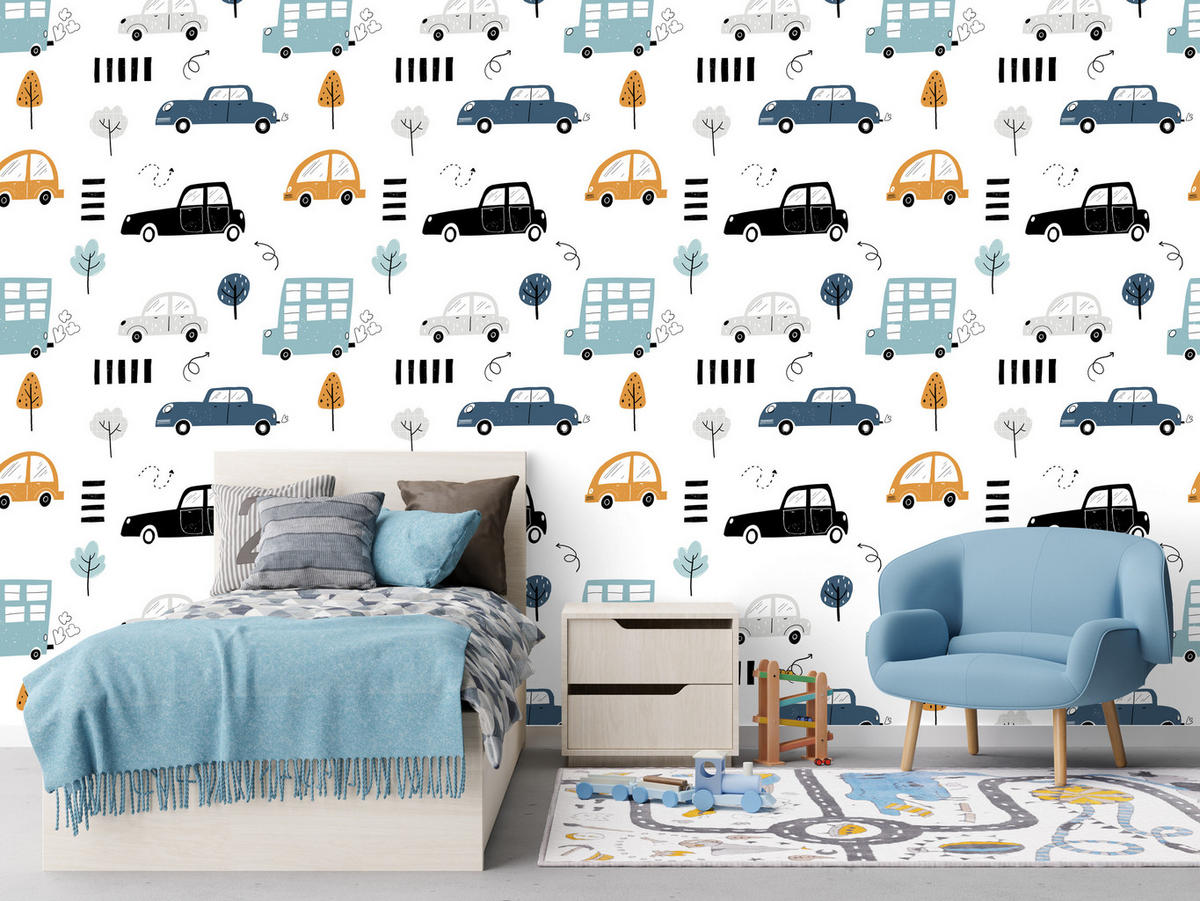 VLIESTAPETE Autos und Bäume – Blau, Gelb, Weiß – 50x1000 cm - Blau/Gelb, Papier (50/1000cm) - Muralo