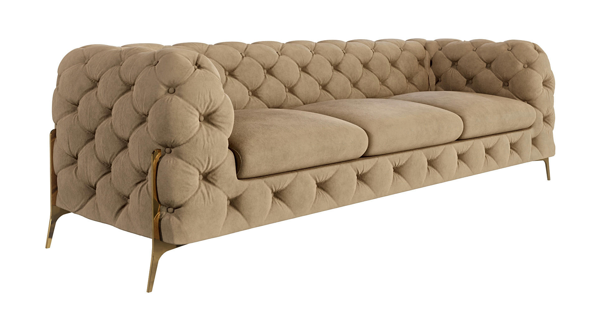 S-Style CHESTERFIELD TŘÍMÍSTNÁ POHOVKA Lexi z béžového sametu se zlatými nohami