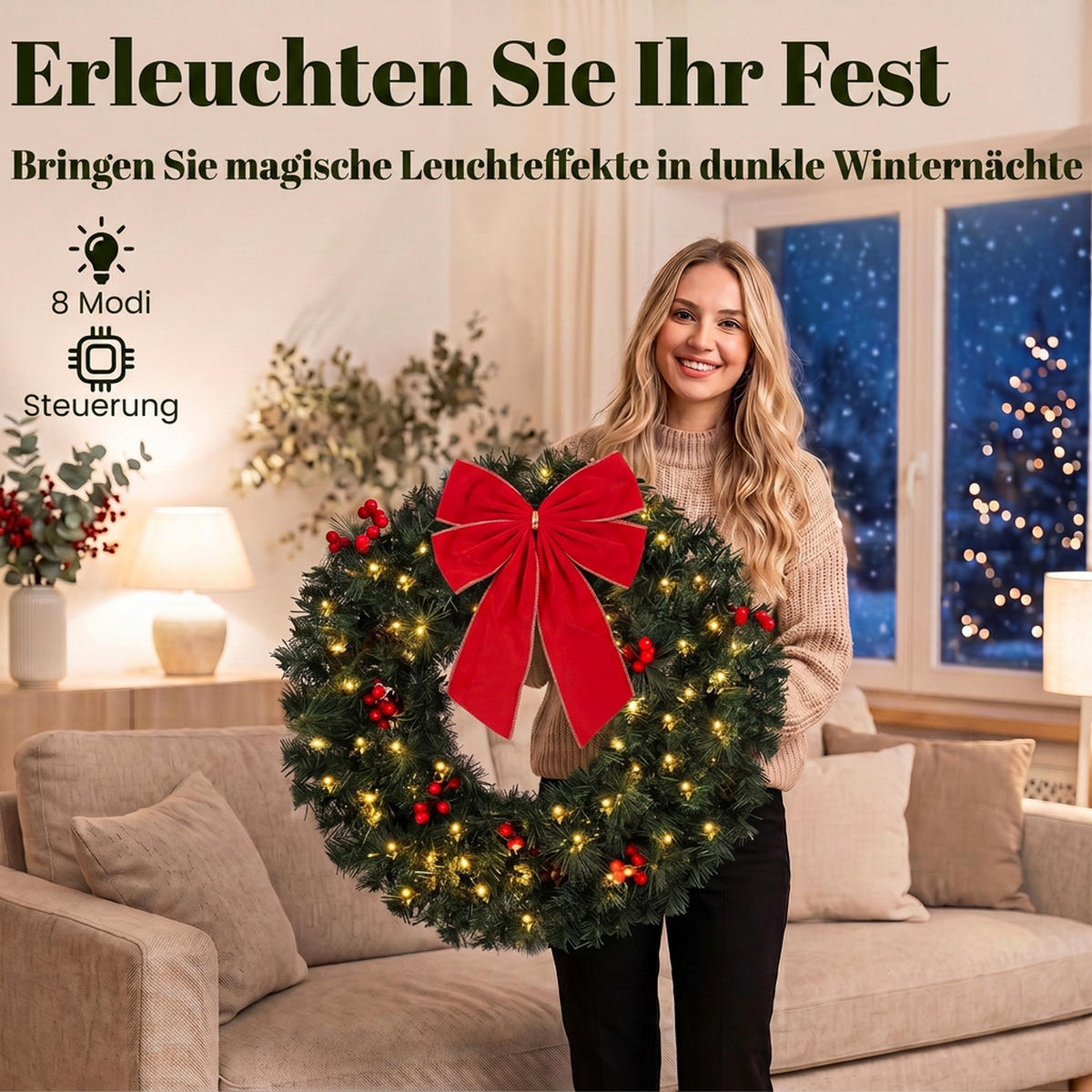 WEIHNACHTSKRANZ PVC Stahl Grün - Grün, Kunststoff (60/12/60cm) - HOMCOM