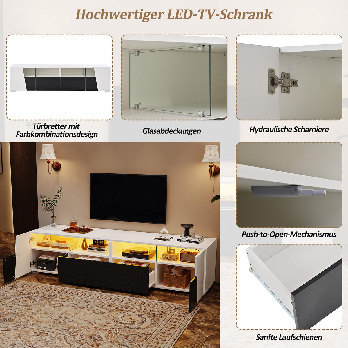 TV LOWBOARD 180cm Hochglanz LED 2 Schubladen 2 Schränke Weiß Schwarz - Weiß, Holzwerkstoff (38.5/45/180cm) - FLIEKS
