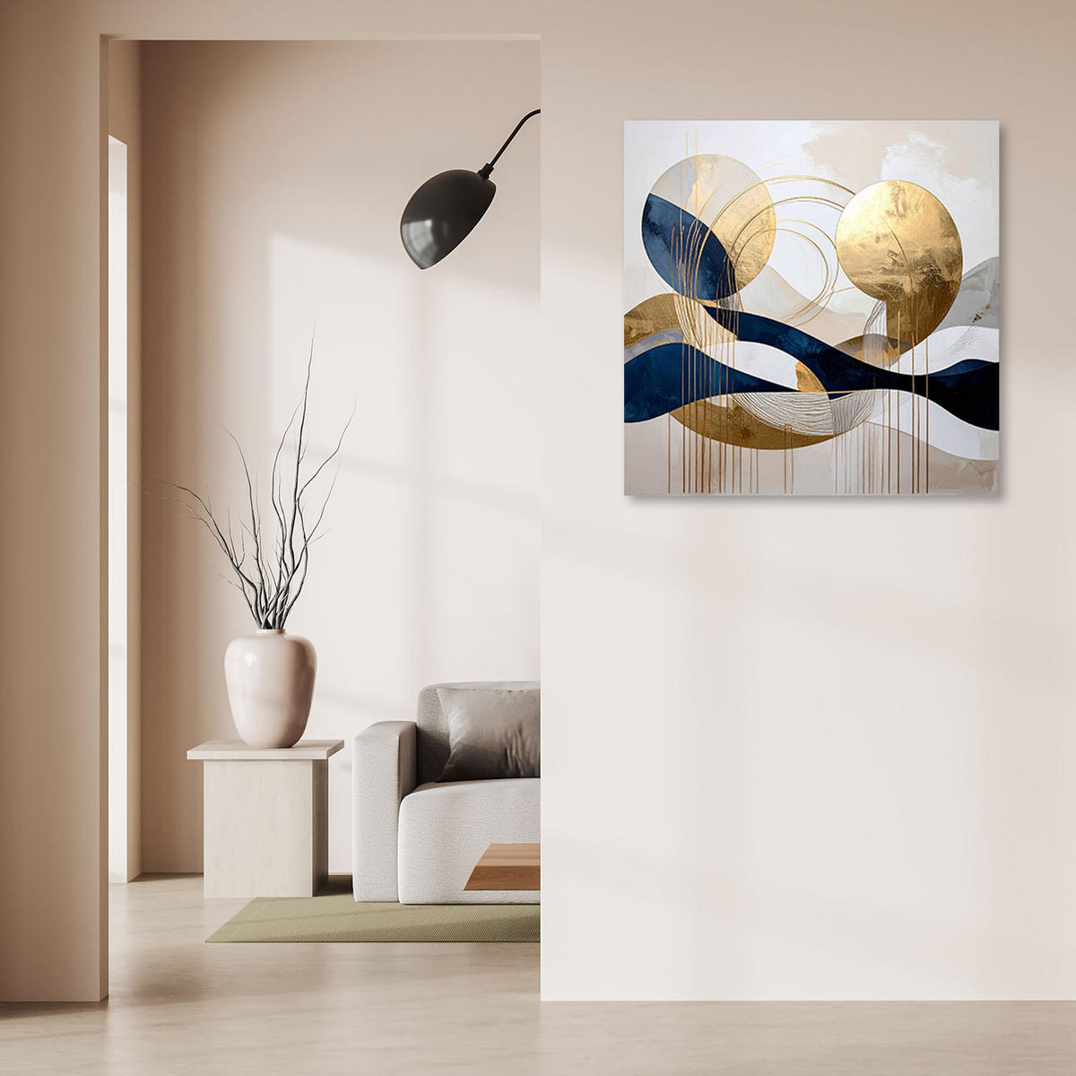 WANDBILD, Abstrakt Wellen und Kreise in Beige - Goldfarben, Textil (50/50cm) - Feeby