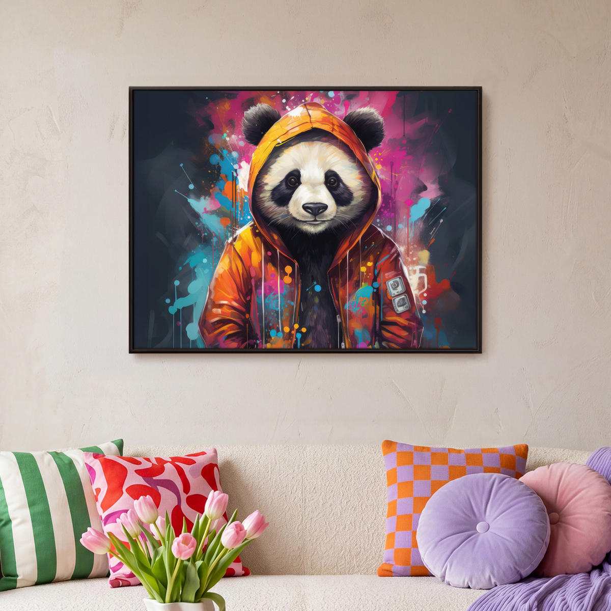 LEINWAND Bilder mit Rahmen - Panda - Jacke - Graffiti - Orange - 70x50 - Orange, Textil (70/50cm) - MuchoWow