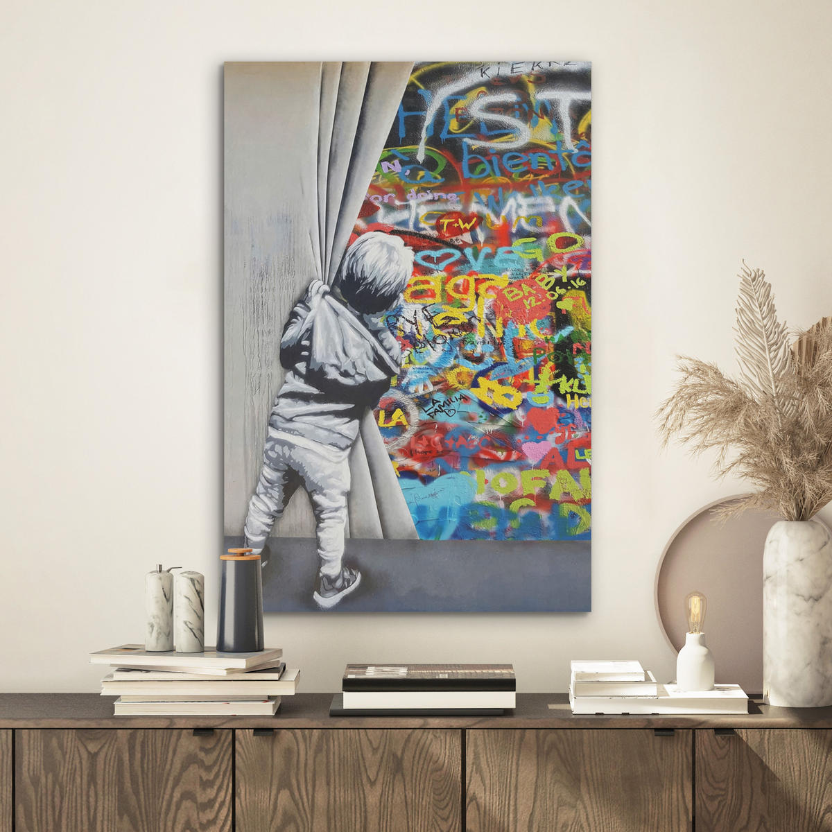 AKUSTIKBILD Graffiti - Junge - Ilussie - Straßenkunst Kunstdruck Schlafzimmer 50x70 cm - Hellgrau, Kunststoff (50/70/0.9cm) - MuchoWow
