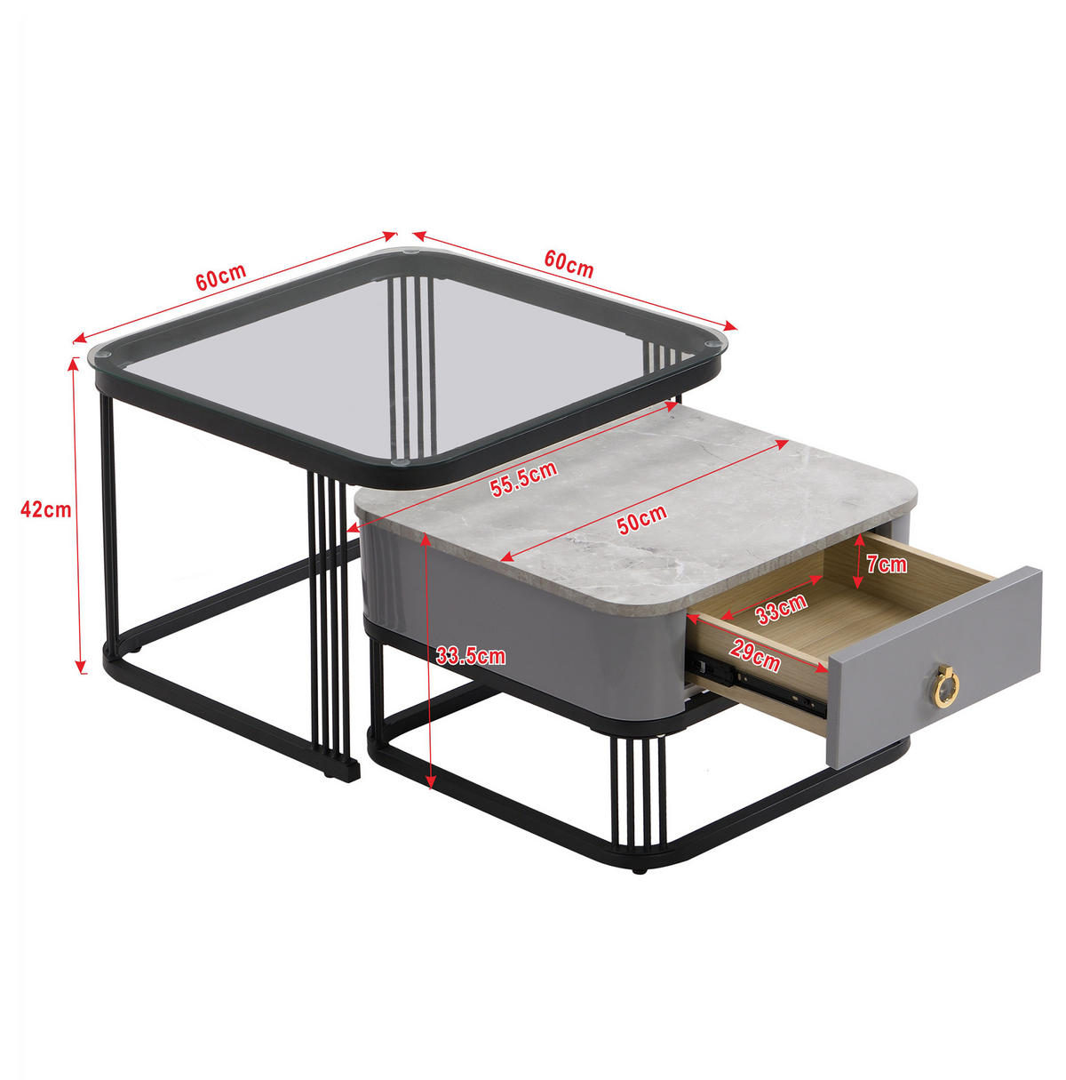 COUCHTISCH MDF mit Marmoroptik & Glas schwarzes Metallgestell integrierte Schublade, 60/60/42 + 50/50/34 cm, Schwarz und Grau - Schwarz, Holzwerkstoff (60/60/42cm) - Redom