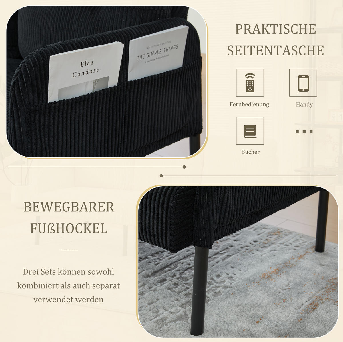 3-SITZER-SOFA 171/72/80 cm aus Cord mit Seitentasche Schwarz - Schwarz, Textil (72/80/171cm) - Modenvie