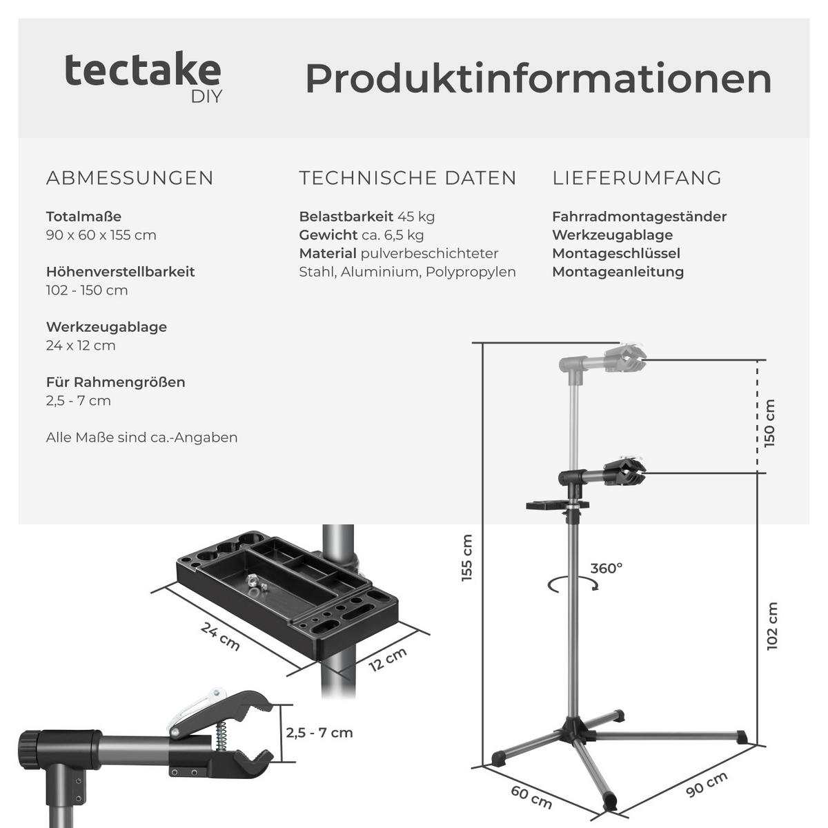 FAHRRADMONTAGESTÄNDER, inklusive Werkzeugablage, schwarz - Schwarz, Textil (60/155/90cm) - tectake