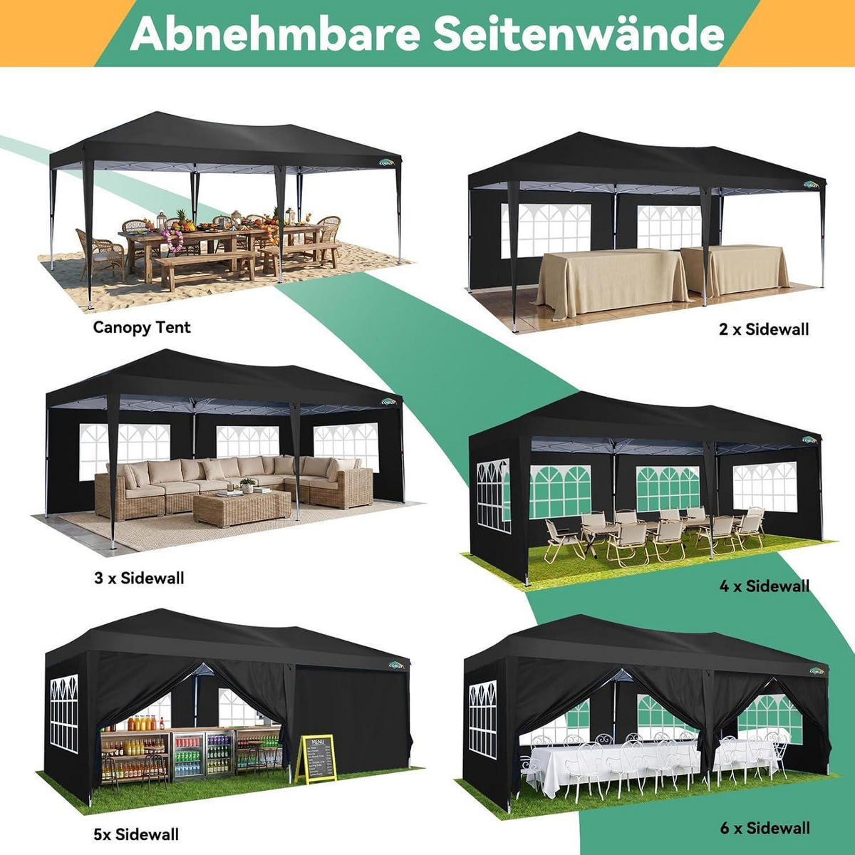FALTPAVILLON 3x6m Wasserdicht und stabil, winterfest mit 6 Seitenwänden Schwarz - Schwarz, Textil (300/275/600cm)