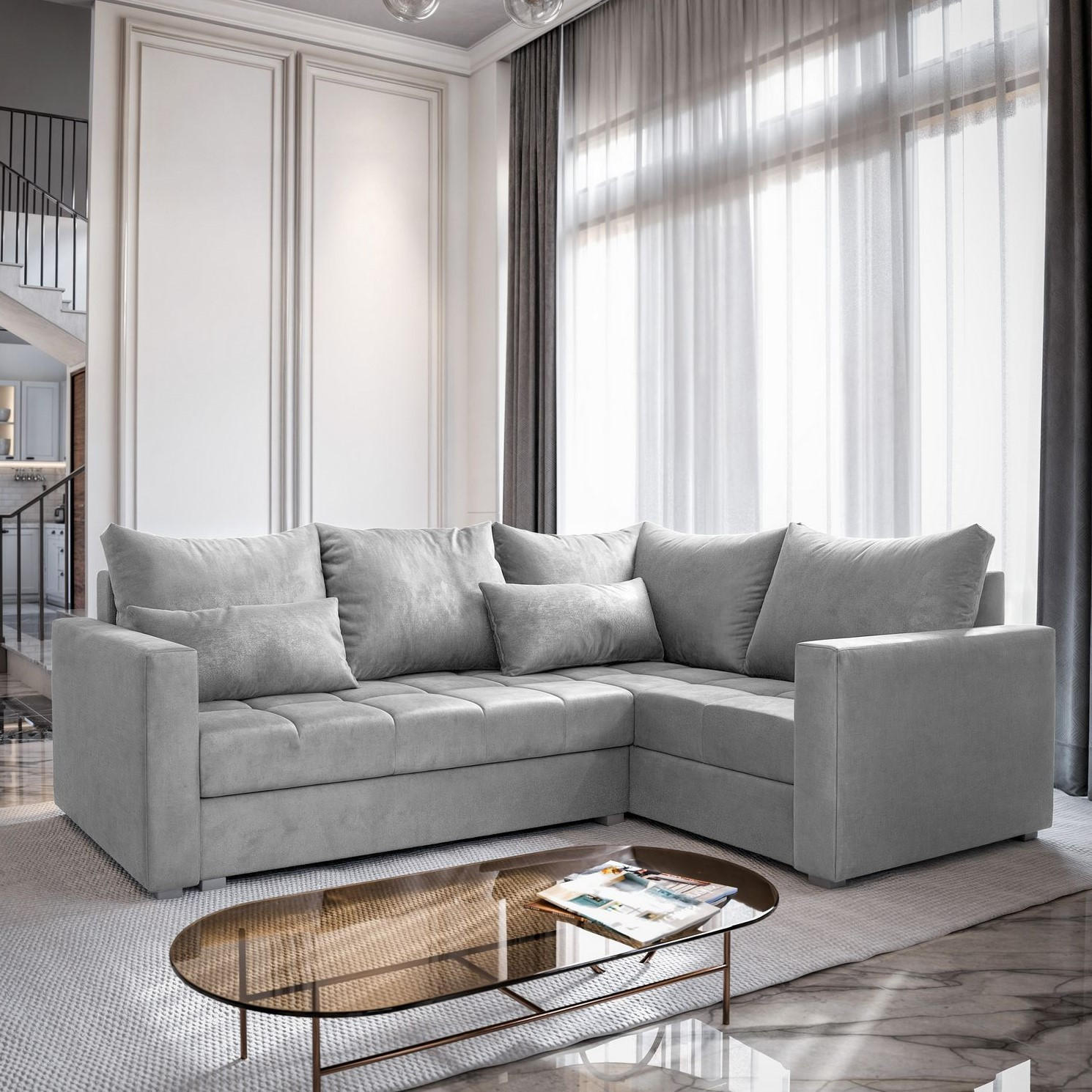 ECKSOFA LIRENO R-S Hellgrau Plüsch-Stoff mit Schlaffunktion - Hellgrau, Holz (220/153cm) - MASSENO