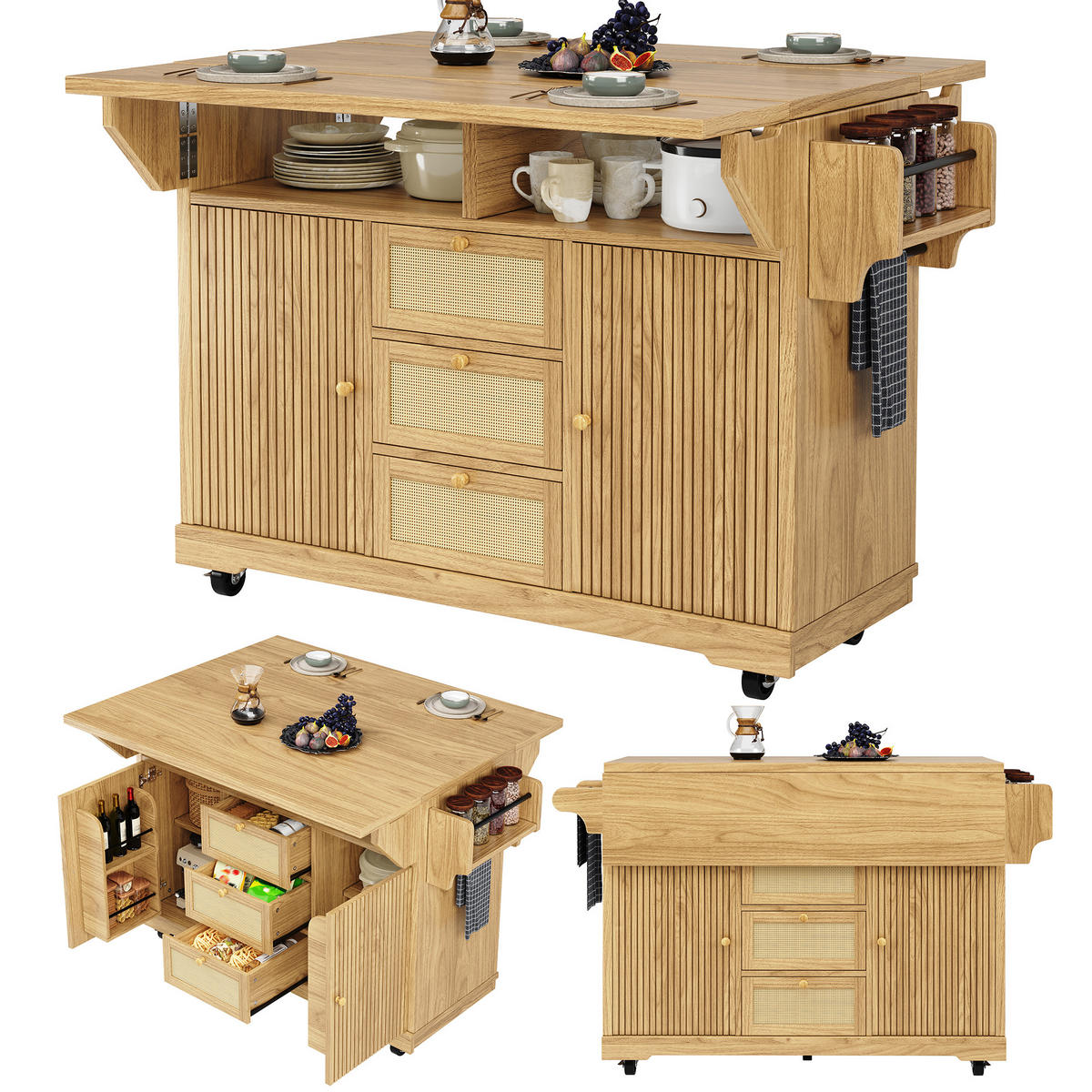 KÜCHENINSEL 142.5/40/95 cm Naturholz mit 3 Schubladen und Rollen - Eichefarben, Holz (80/95/142.5cm) - Oxeza