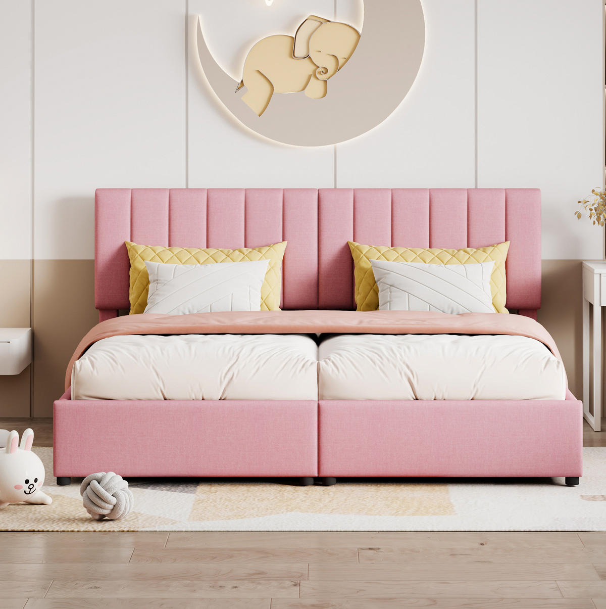 ČALÚNENÁ posteľ z ľanovej látky 180x200 cm ružová s hydraulickým úložným priestorom a možnosťou premeny na 2 detské postele - pink, textil (180/200cm) - Modfu