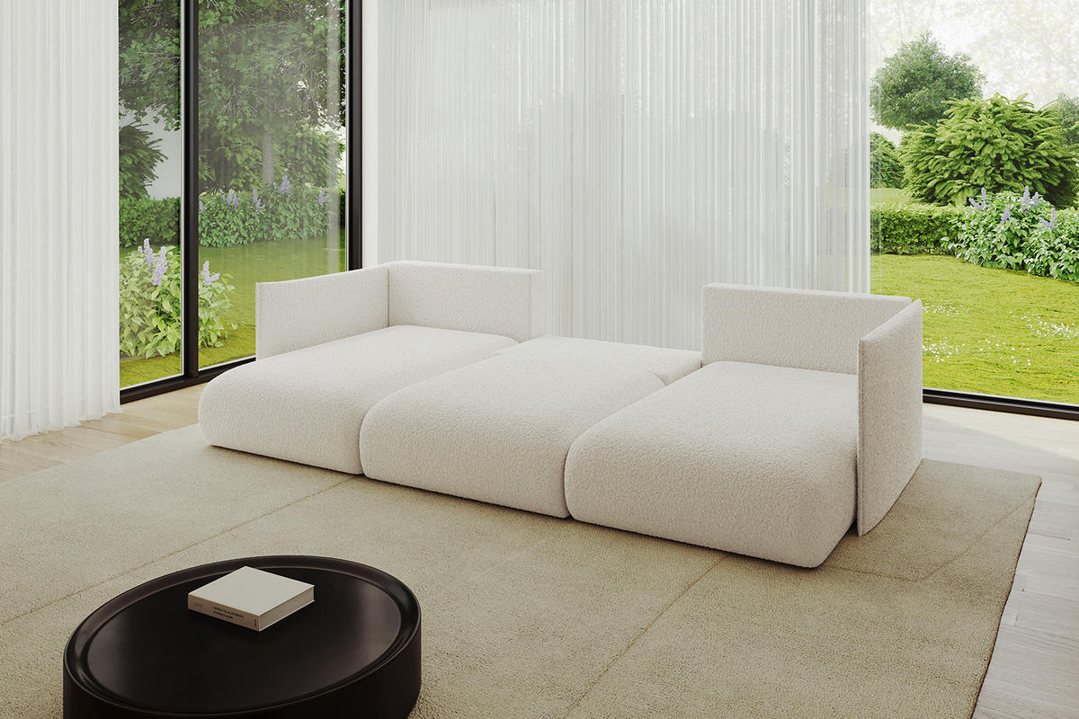 WOHNLANDSCHAFT mit Schlaffunktion und Bettkasten ONESK-U 304x165x40 Weiß Bouclé - Weiß, Holzwerkstoff/Kunststoff (304/90/165cm) - ALTDECOR