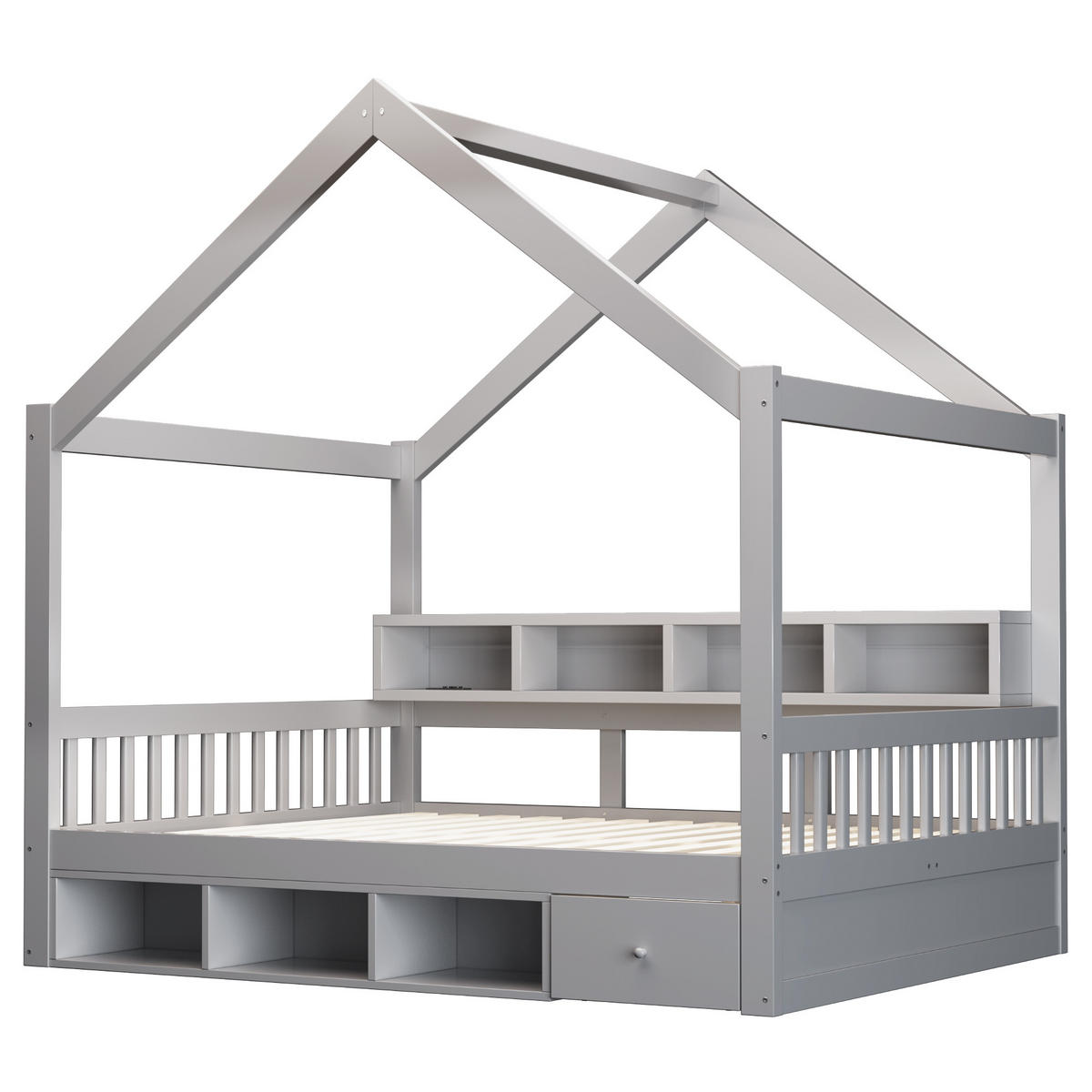 HAUSBETT 140/200 cm mit Dachrahmen und LED, DE-41651, in Grau - Grau, Holzwerkstoff (140/200cm) - ComfortXL