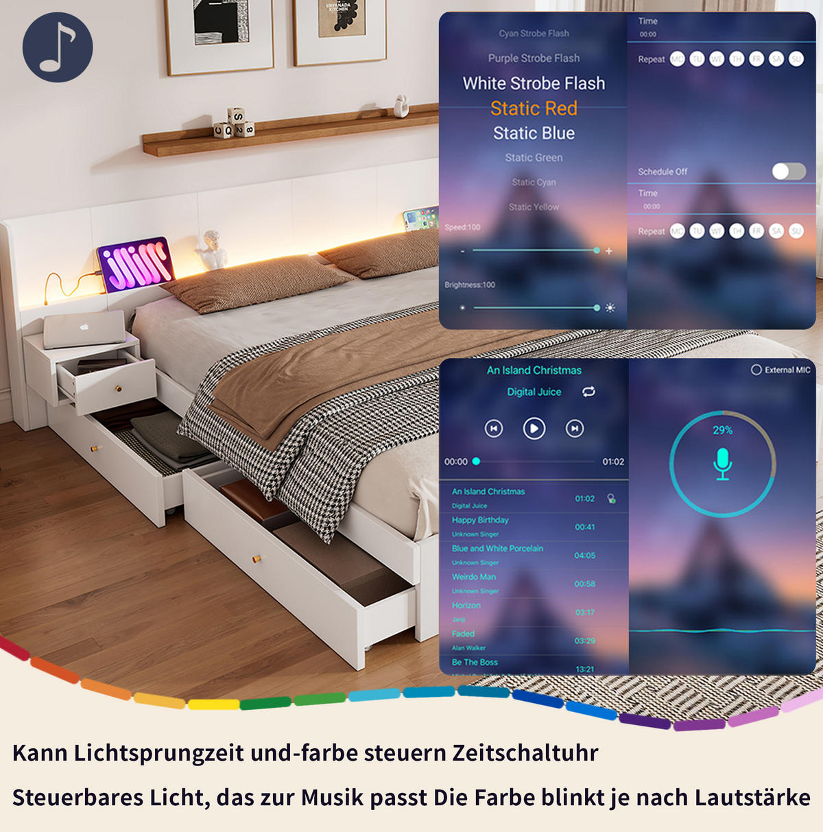 DOPPELBETT aus MDF 180x200 cm Weiß mit LED-Beleuchtung, USB-Anschlüssen, Steckdosen und Stauraum - Weiß, Holzwerkstoff (180/200cm) - IVMEU