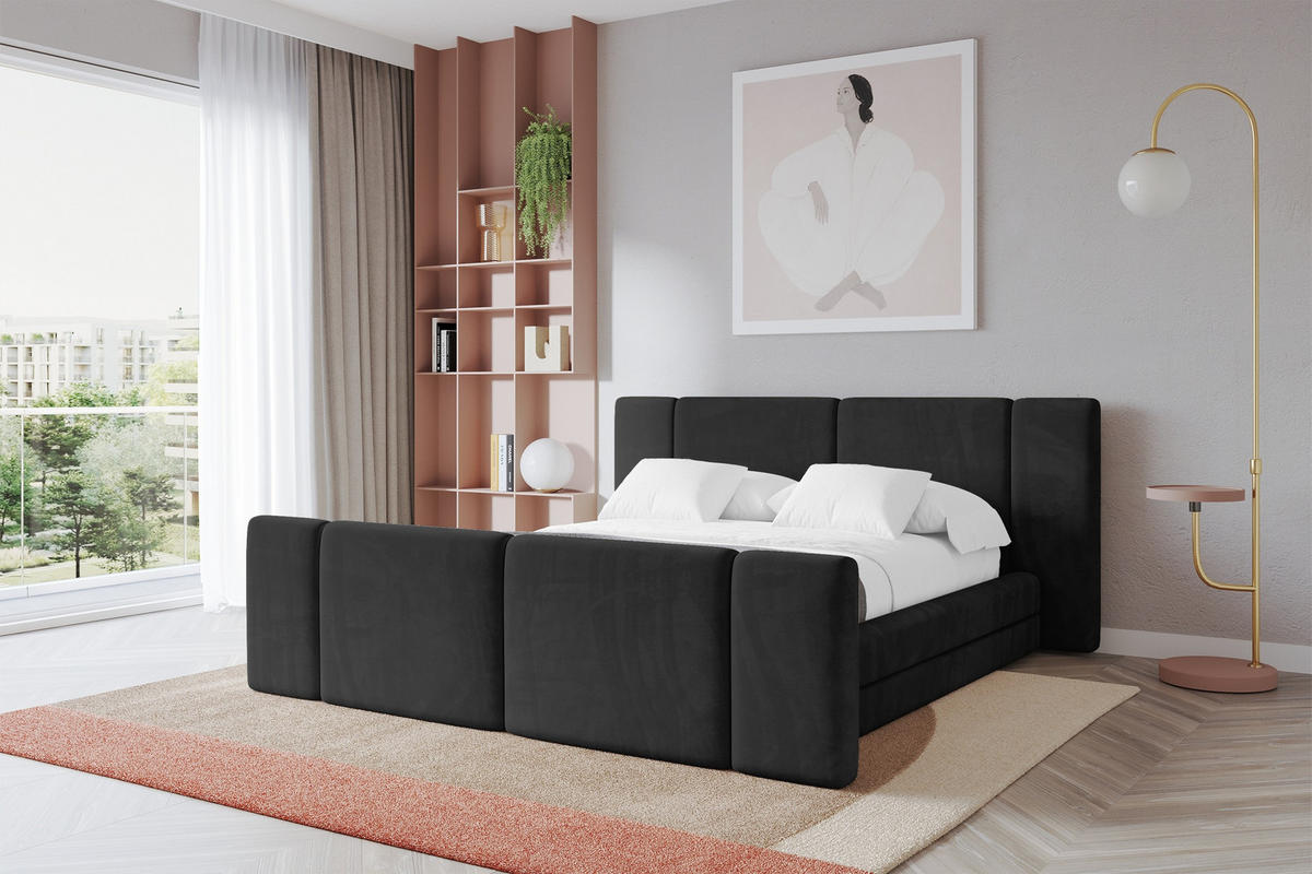 POLSTERBETT mit Bettkasten, Fußteil und Lattenrost, Bett mit Matratze H3/H4 - TEVO-Z 180x200 Schwarz - Schwarz, Holzwerkstoff/Textil (180/200cm) - ALTDECOR