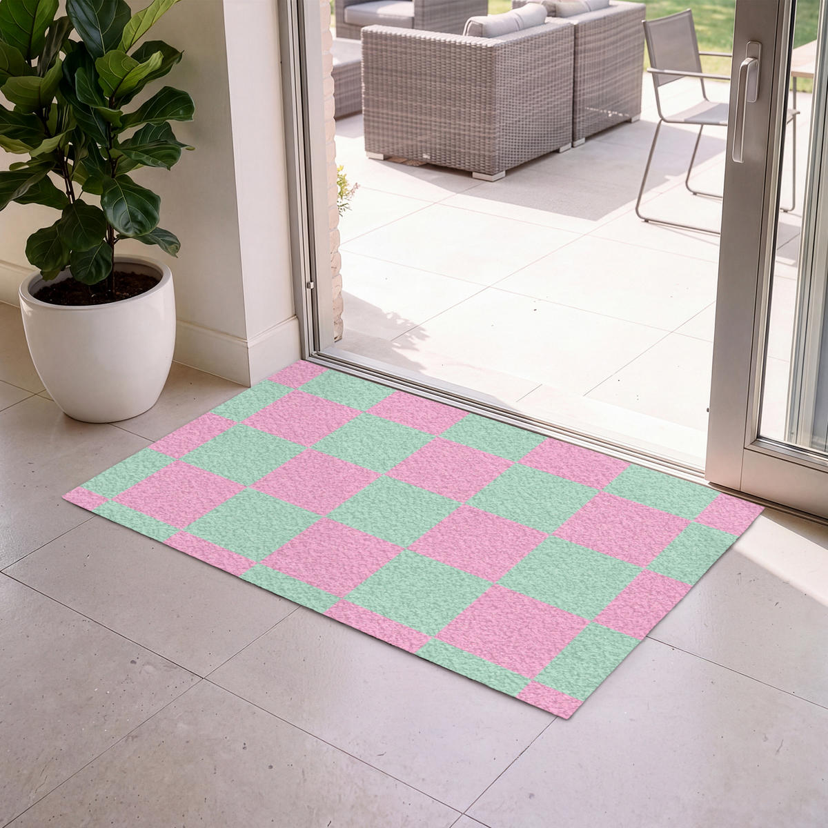 ROHOŽKA Šachovnicový vzor - zelená - růžová - kostky 120x80 cm - mátově zelená, textil/umělá hmota (120/0.4cm) - MuchoWow
