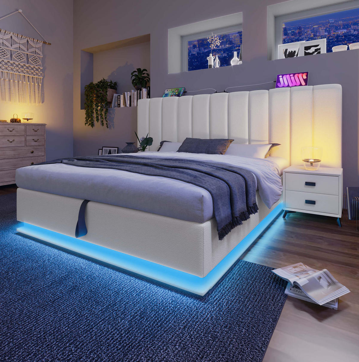 BETT mit Stauraum 160x200 cm PU Weiß mit LED und USB-C - Weiß, Metall (160/200cm) - Meubliv
