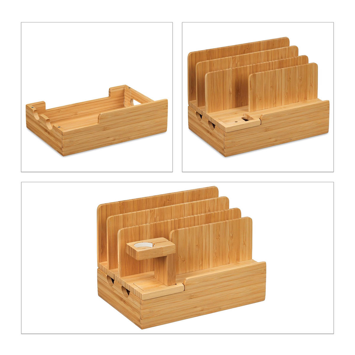 LADDSTATION natur bambu för mobil surfplatta smartklocka - Ljusbrun, Trä (15/21.5/15cm) - Relaxdays
