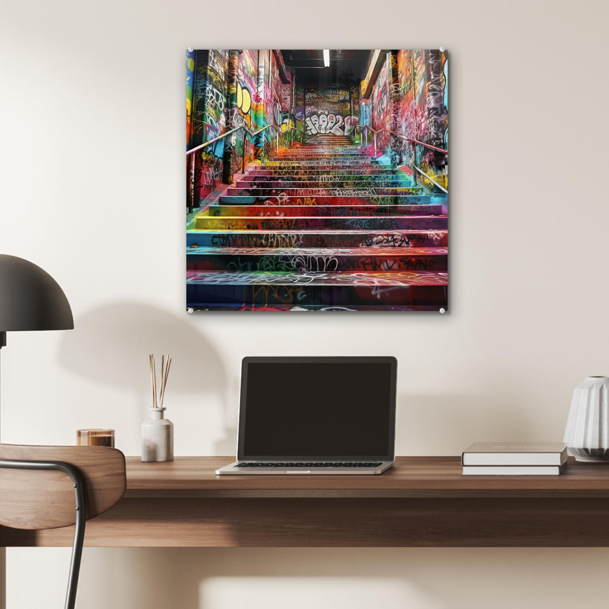 ACRYLGLASBILD Treppe - Graffiti - Farben - Kunst 50x50 cm - Multicolor, Glas (50/50cm) - MuchoWow