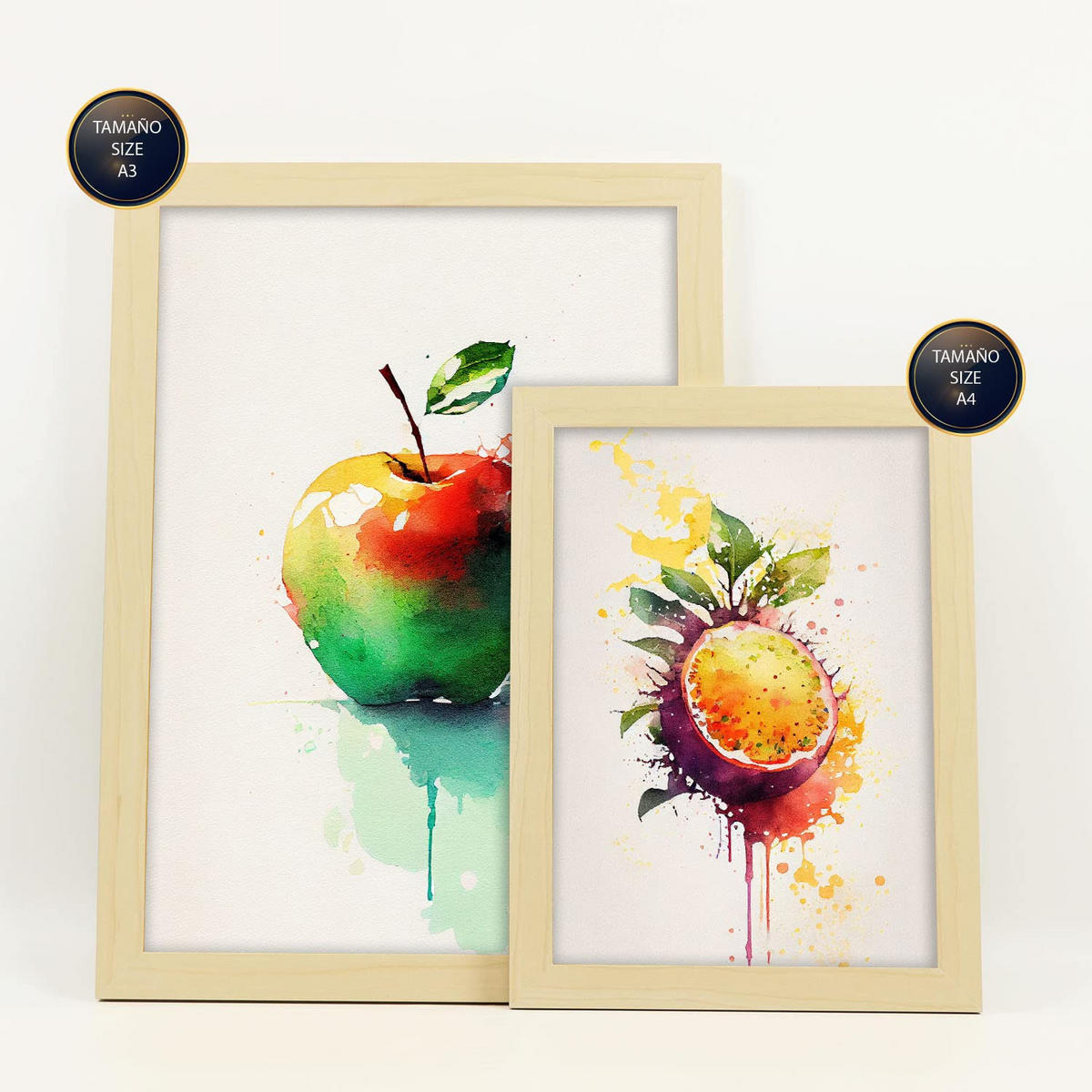 POSTER Set Mit 6 Regenbogenfrucht Größe A3 & A4 Rahmen aus hellem Holz - Beige, Papier (29.7/1cm) - Nacnic